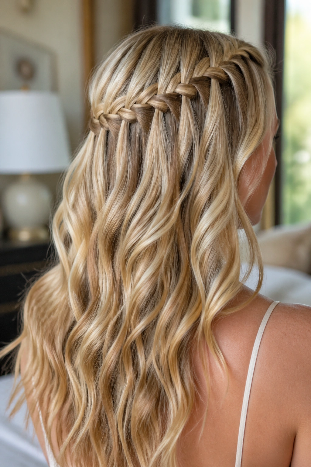 Close-up of a real woman with a waterfall braid in long blonde hair.