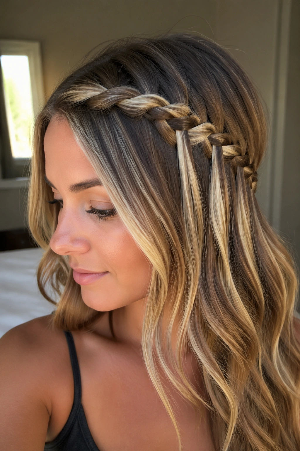 Close-up of a real woman with a diagonal side waterfall braid featuring blonde ribbons in sunlight