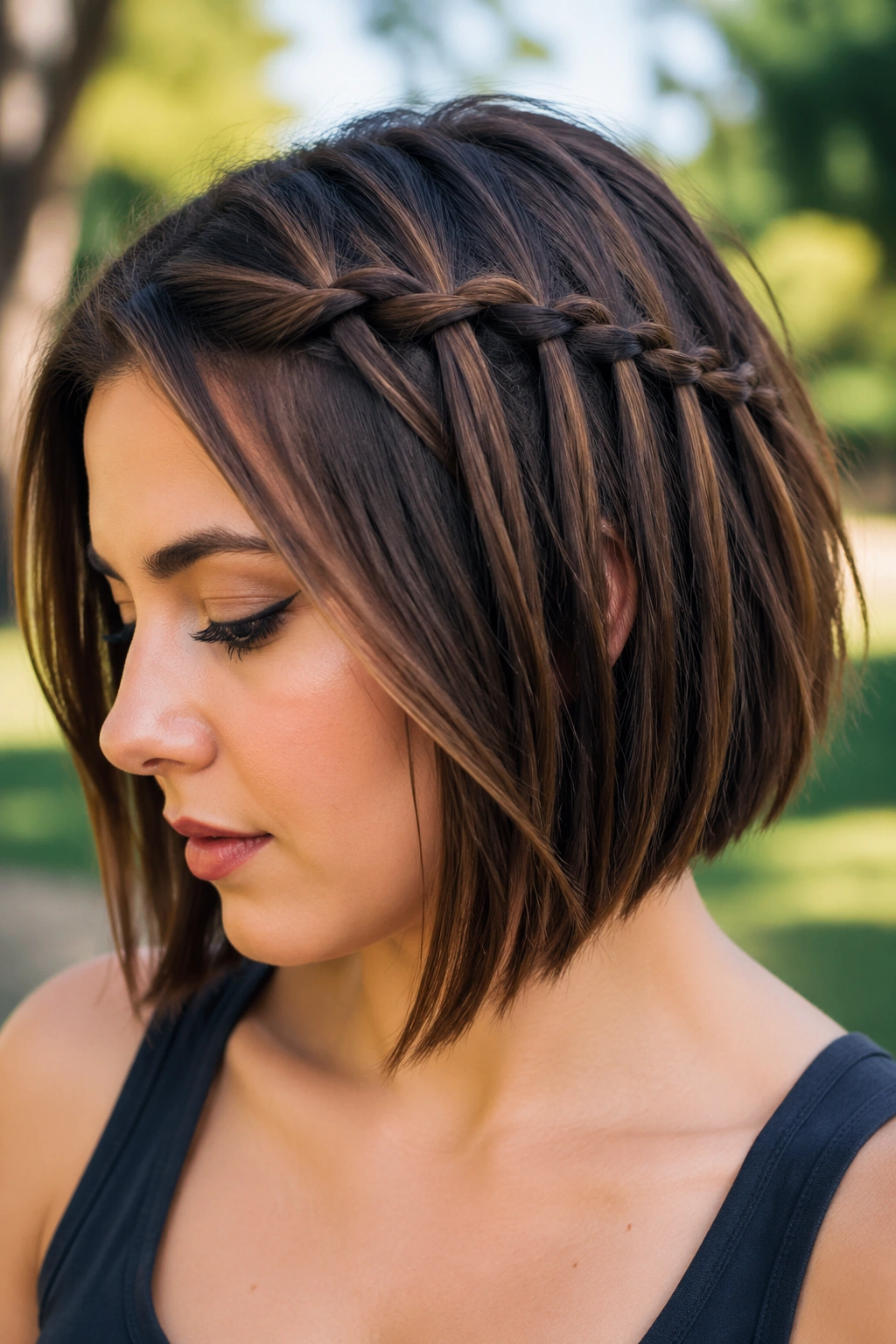 Close-up of a real woman with a waterfall braid on a bob hairstyle.