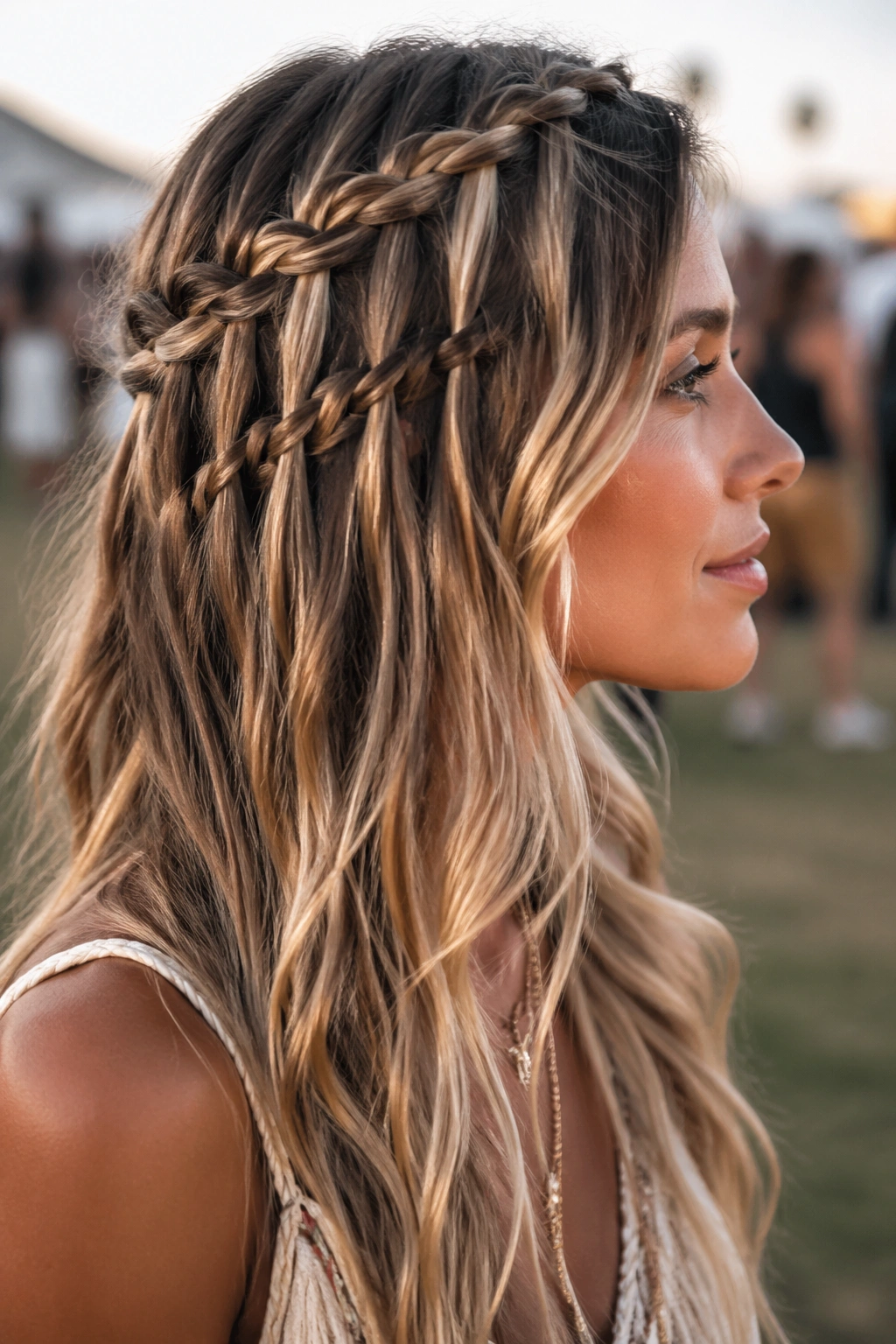Close-up of a real woman with a waterfall braid and loose length outdoors