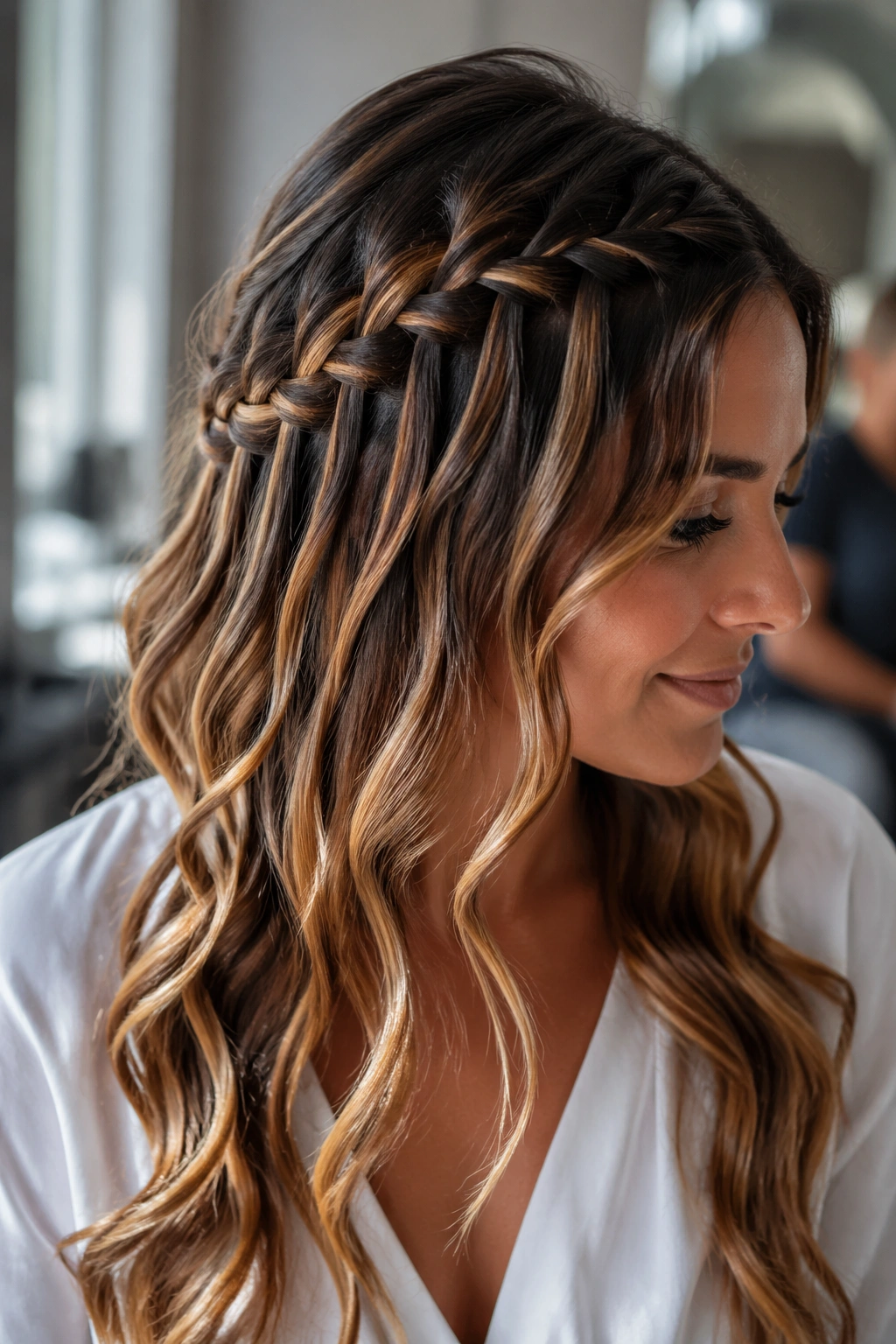 Real woman with waterfall braid and caramel ribbons, close-up portrait