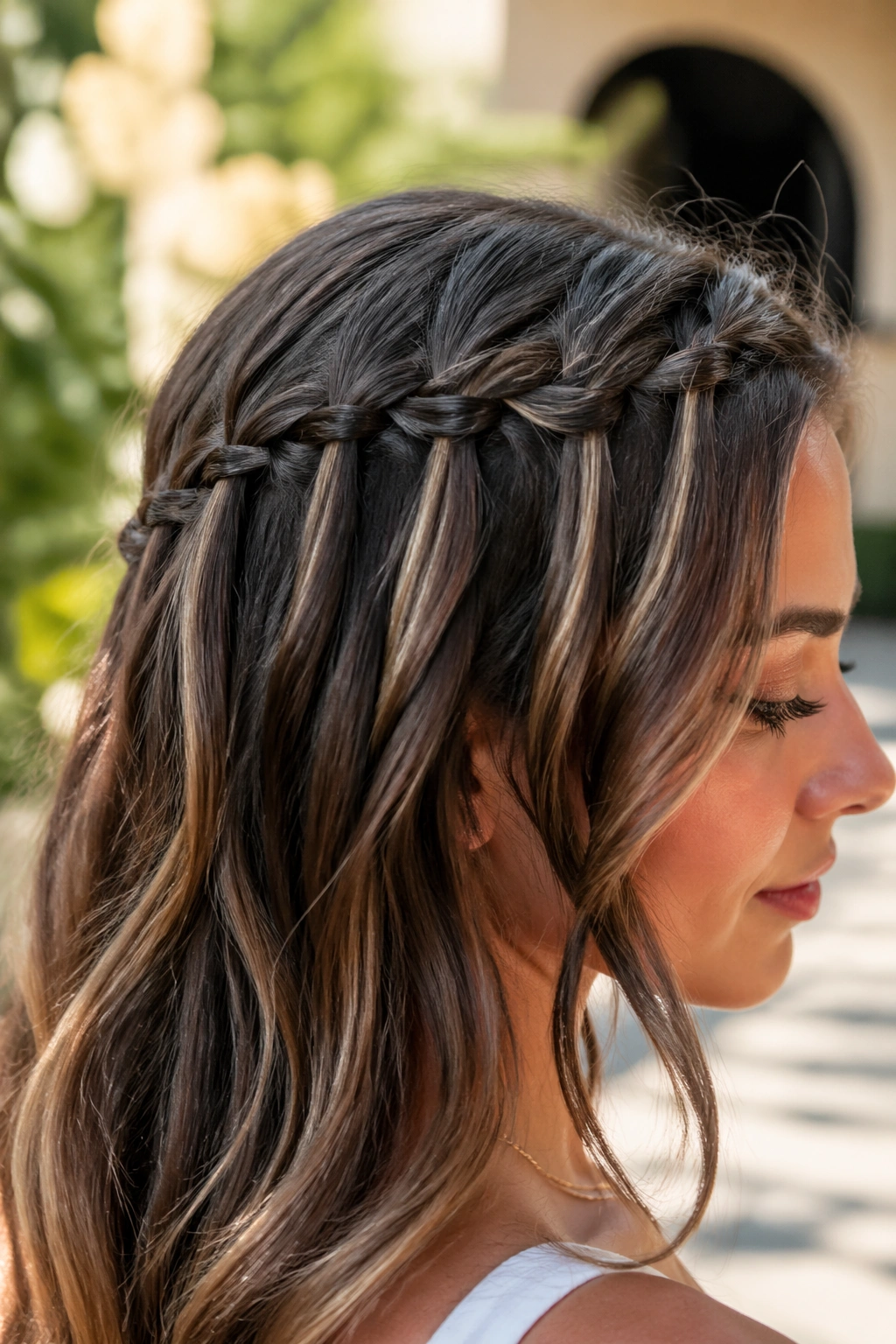 Close-up of a real woman wearing a waterfall braid with cascading strands along the crown.