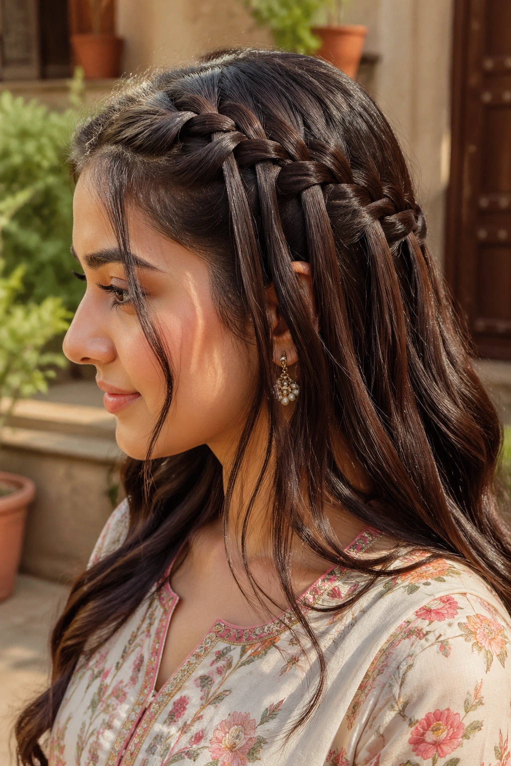 Close-up of a real woman with a waterfall braid and hair drops outdoors in sunlight