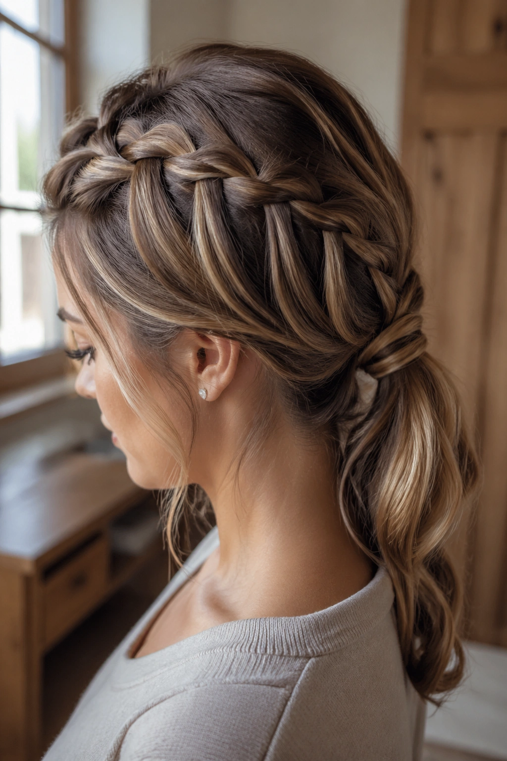 Close-up of waterfall crown braid transitioning into a tucked ponytail on a real person.