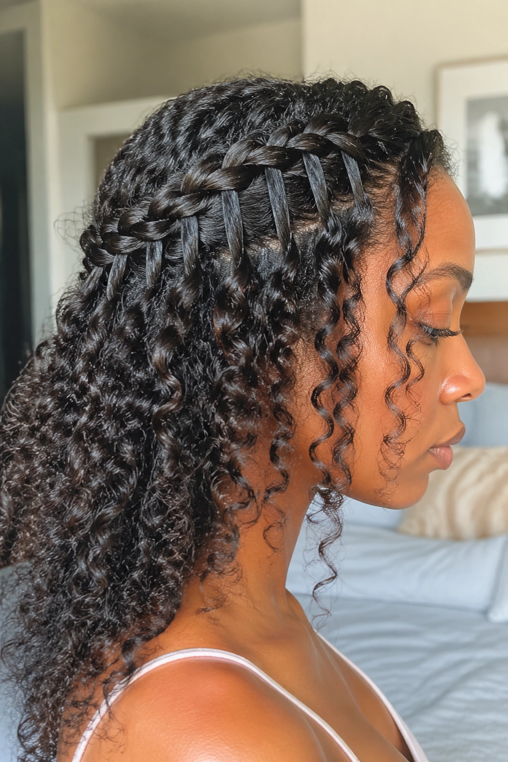 Side profile of a woman with a waterfall braid and visible curls