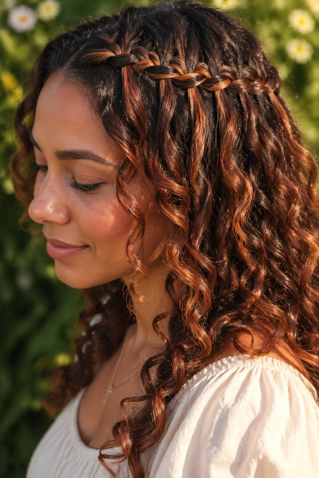 Real woman with curly hair and copper highlights featuring a waterfall braid through curls outdoors