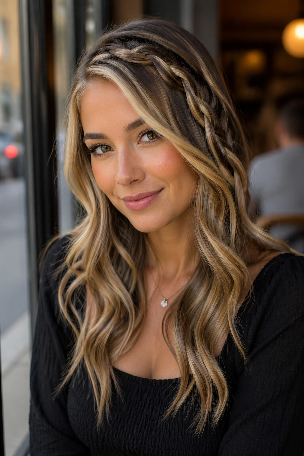 Real woman with deep side-part waterfall braid highlighting face-framing color