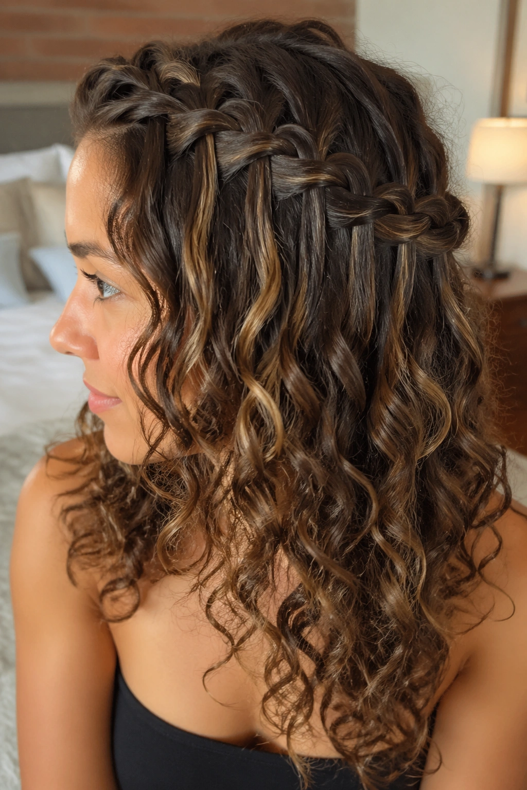 Close-up of a real woman with a waterfall braid over defined ends and soft curls.