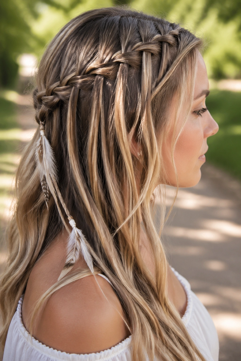 Close-up of a real woman with a side waterfall braid and feather accents in natural daylight