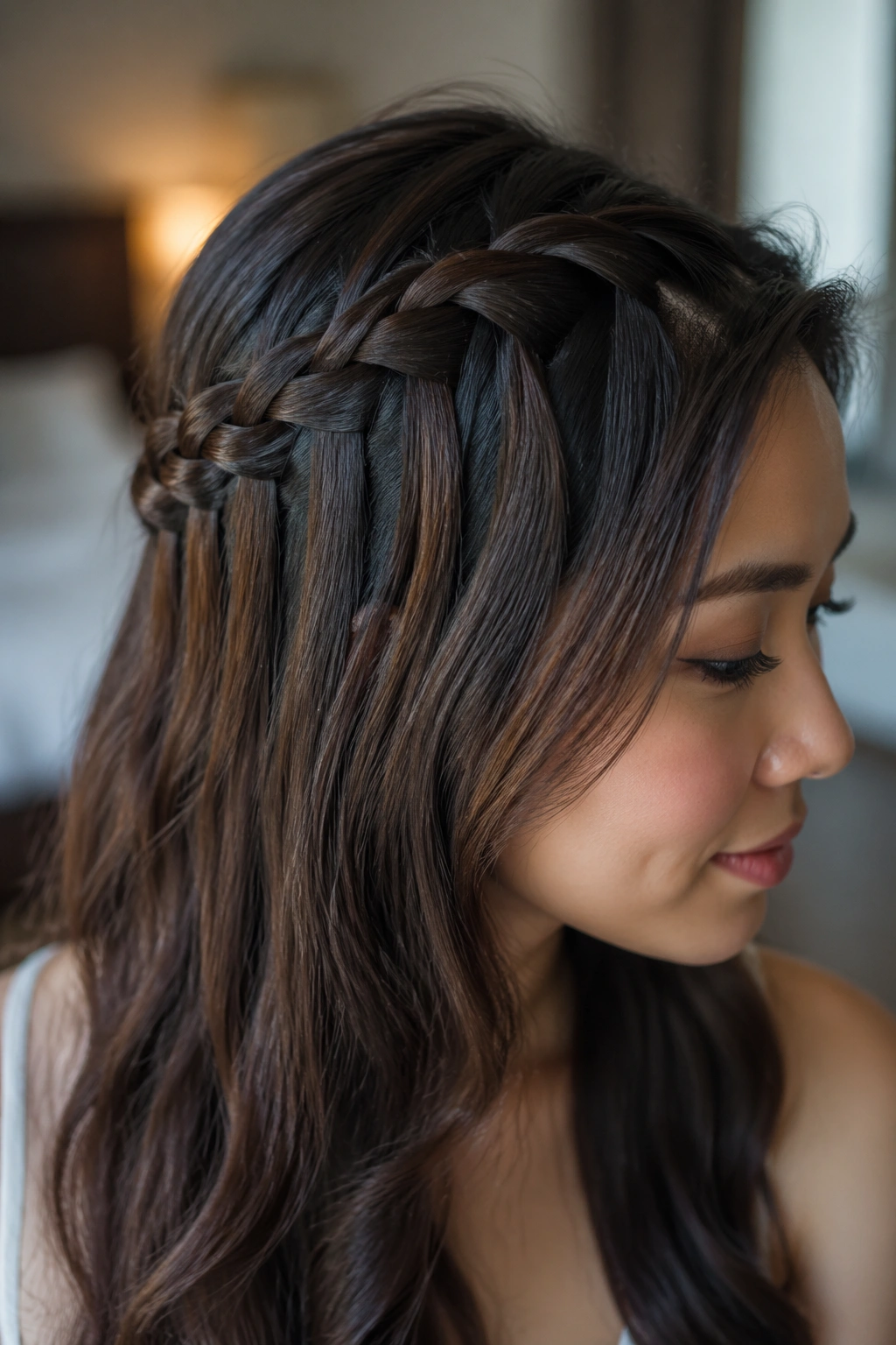Close-up portrait of a real person with a waterfall braid along the crown in warm window light