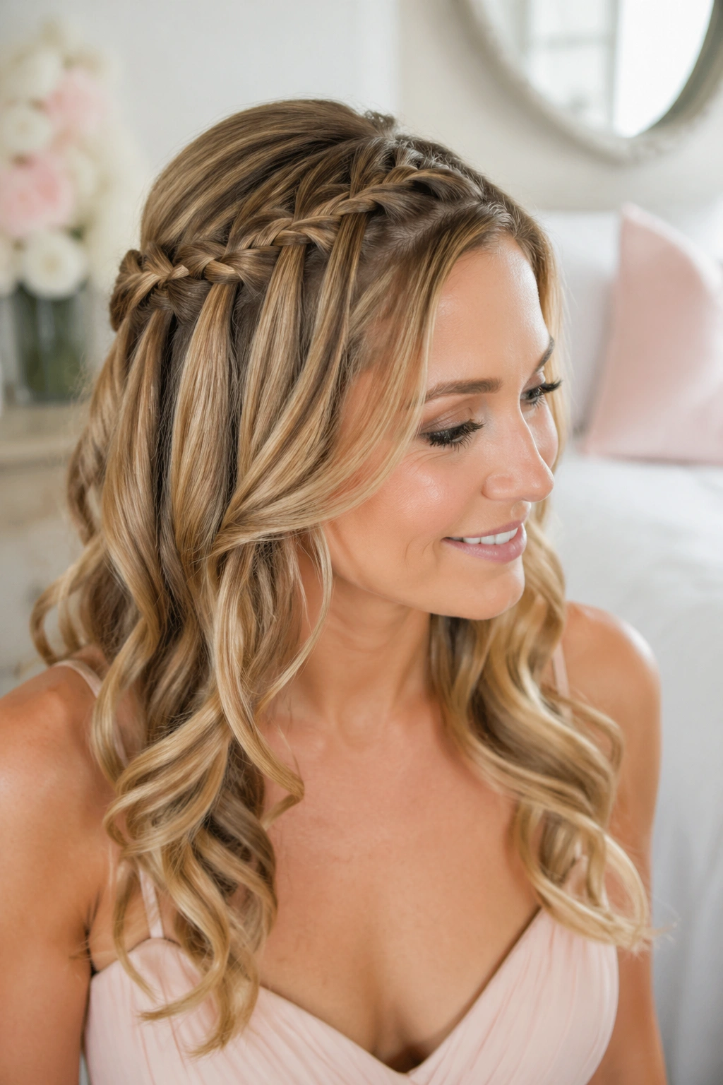Close-up of real woman with waterfall braid half-up hairstyle