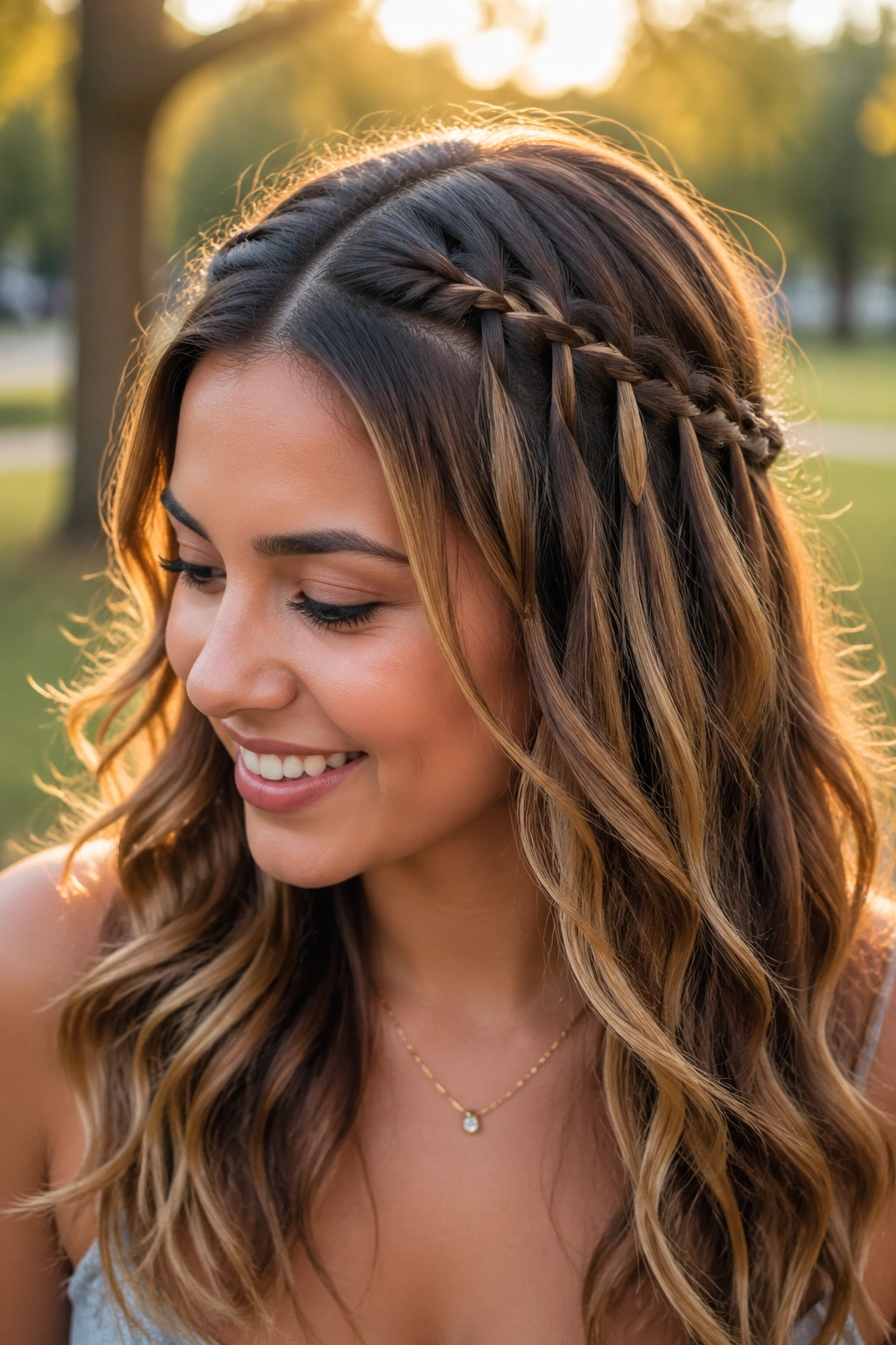 Close-up of a real person with a high-part waterfall braid, front sections falling softly