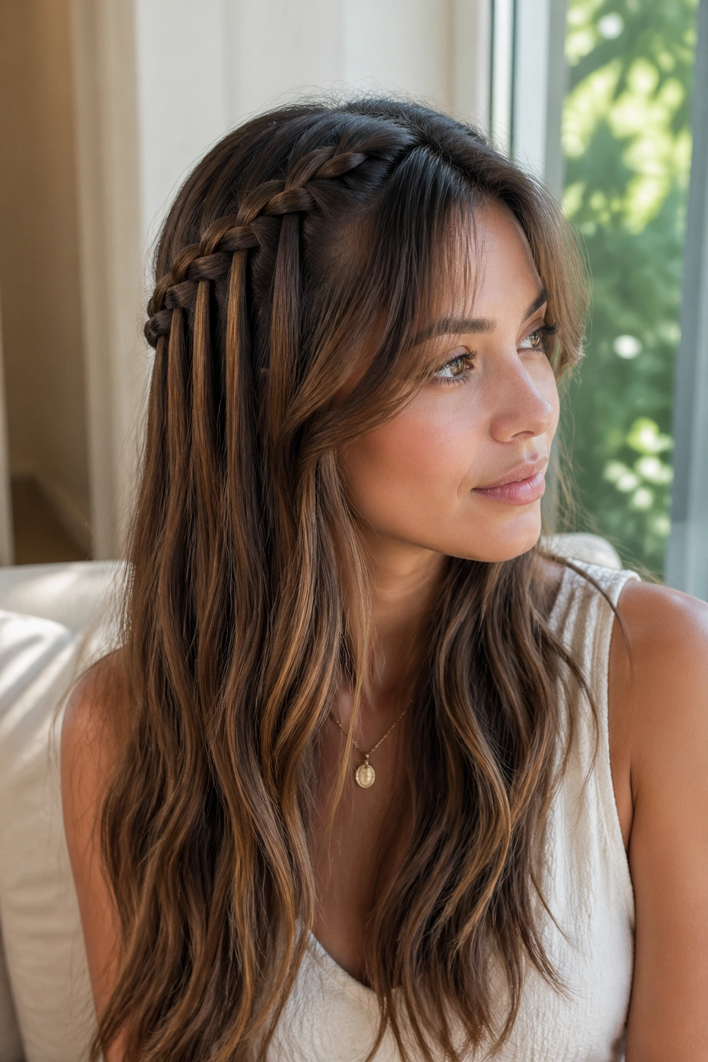 Close-up of a real woman with a waterfall braid and curtain bangs.