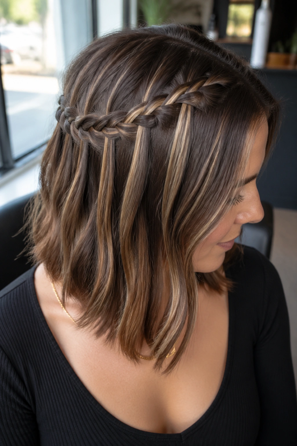 Close-up of waterfall braid on a shoulder-length lob with highlights