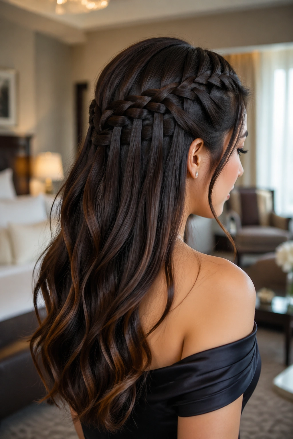 Close-up of a real woman with a waterfall half-up braid, long loose waves, in an elegant room