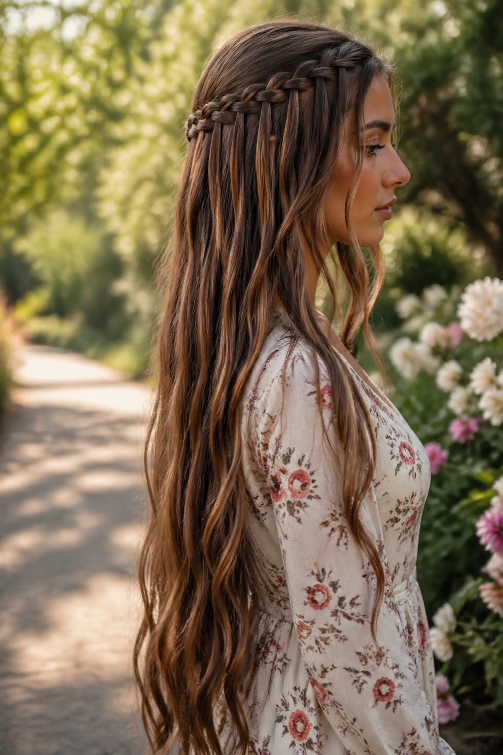 Side portrait of a real woman with a waterfall braid and loose hair length.
