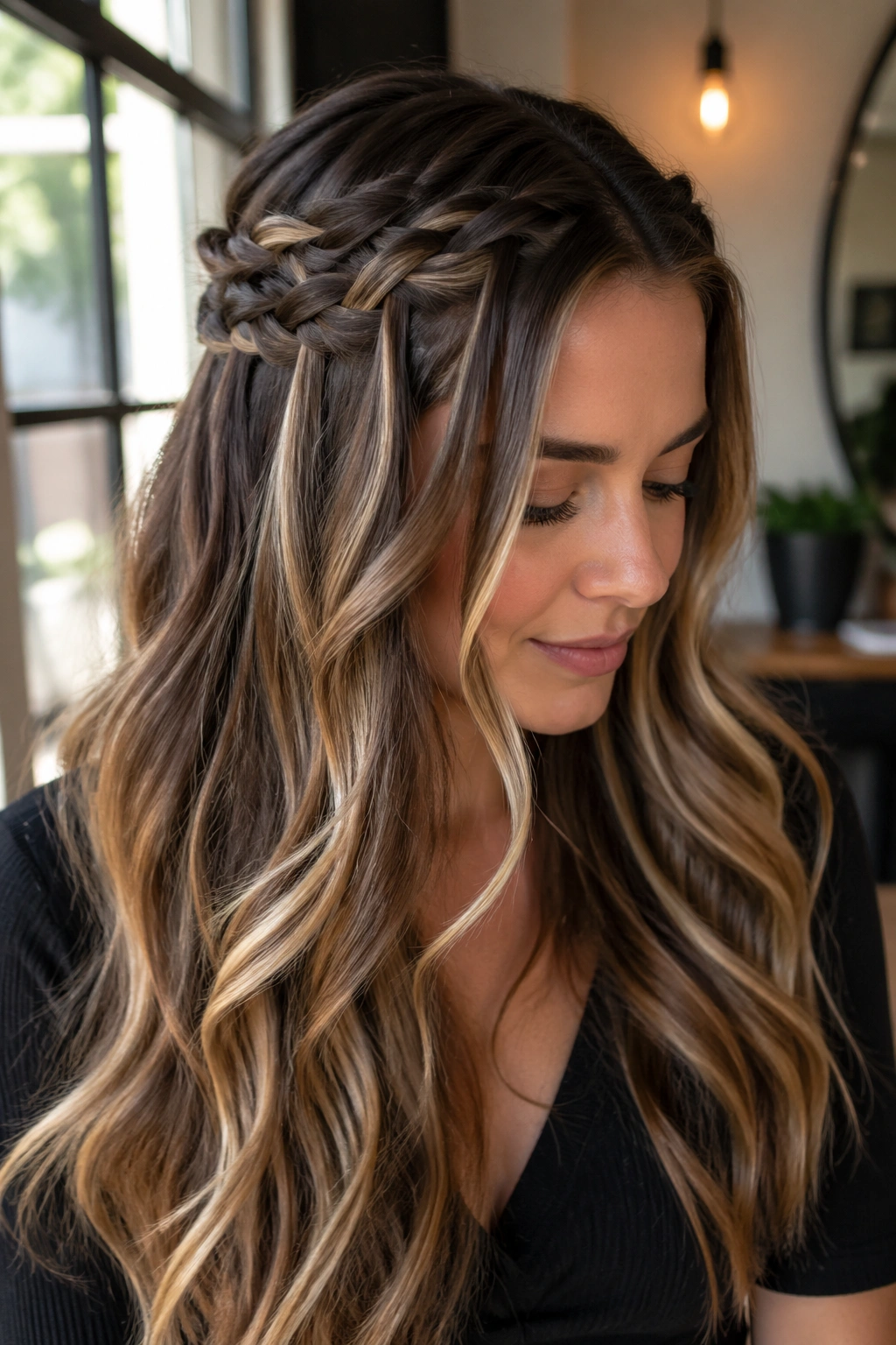 Close-up of double waterfall braids on a real person with layered multi-tone hair