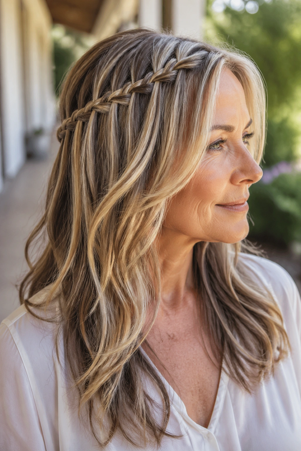 Close-up portrait of a real woman with a waterfall braid on long layered hair.