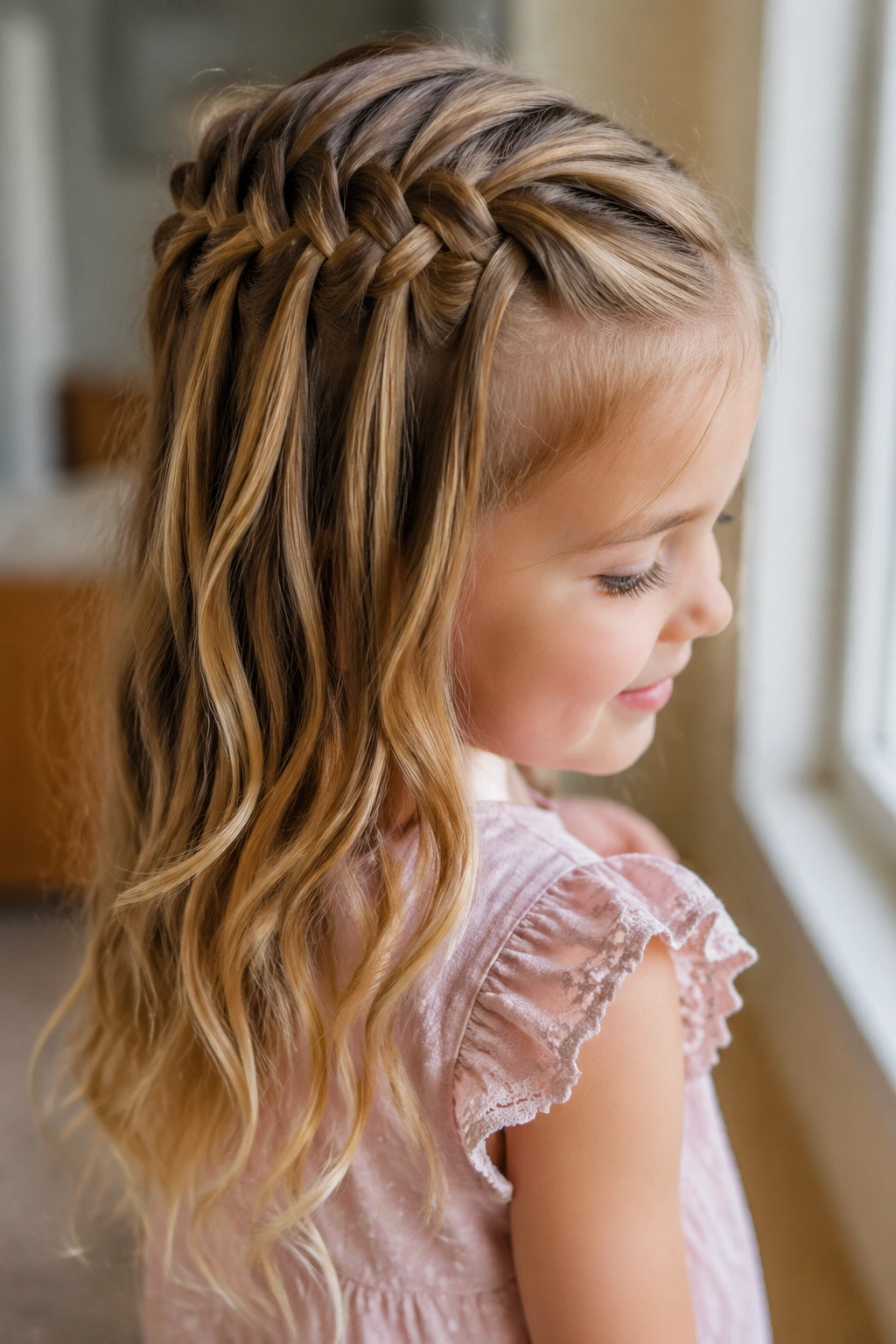 Toddler with waterfall half-up pancake braid