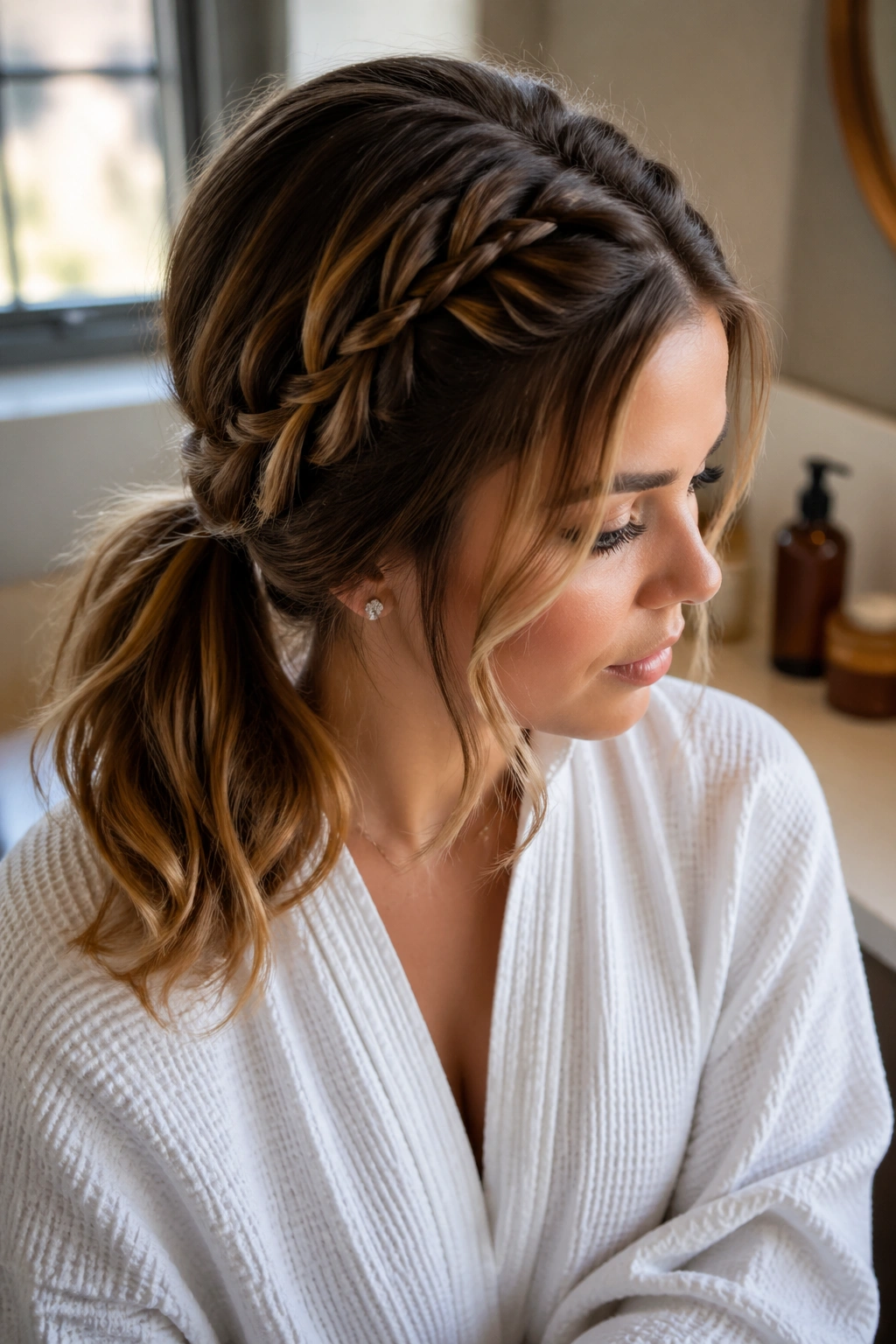 Real woman with waterfall braid feeding into a low ponytail and caramel ends in morning light