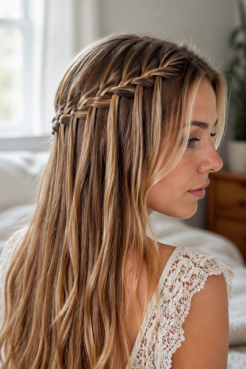 Close-up of a real person with a Waterfall Mermaid Braid and hanging strands.