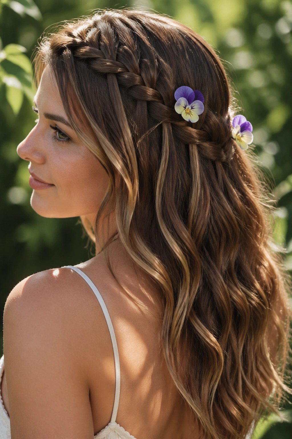 Three-quarter portrait of a real woman with a waterfall braid and pansy blooms tucked into the falling strands.