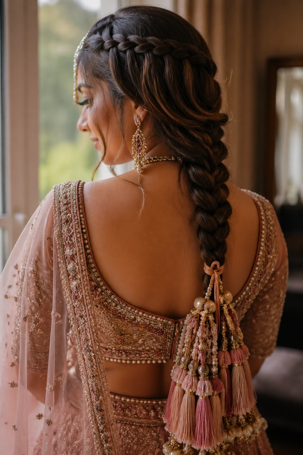 Bride with waterfall front braids and braided parandi at the back
