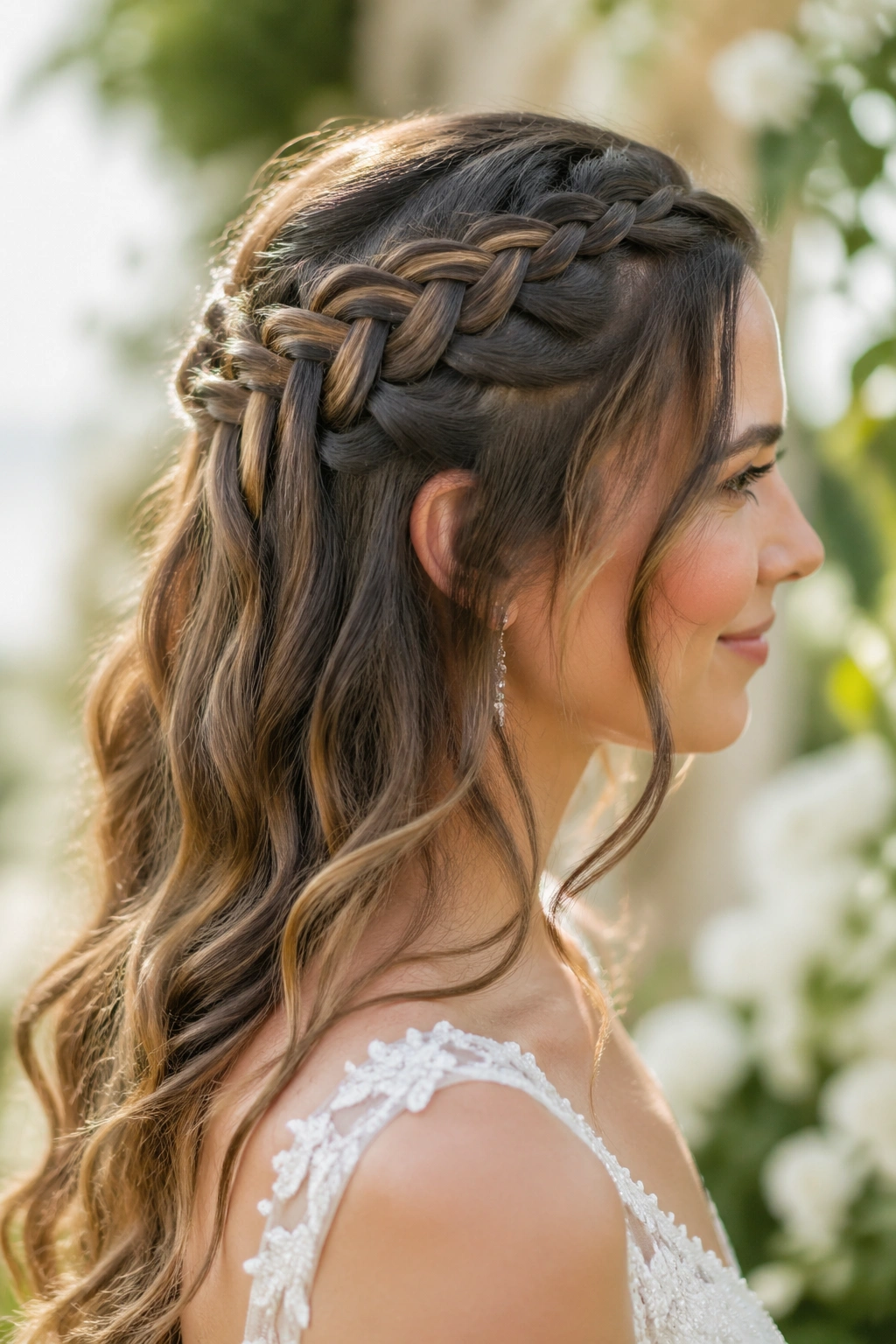 Side view of a bride with a waterfall braid and a pinned back panel.