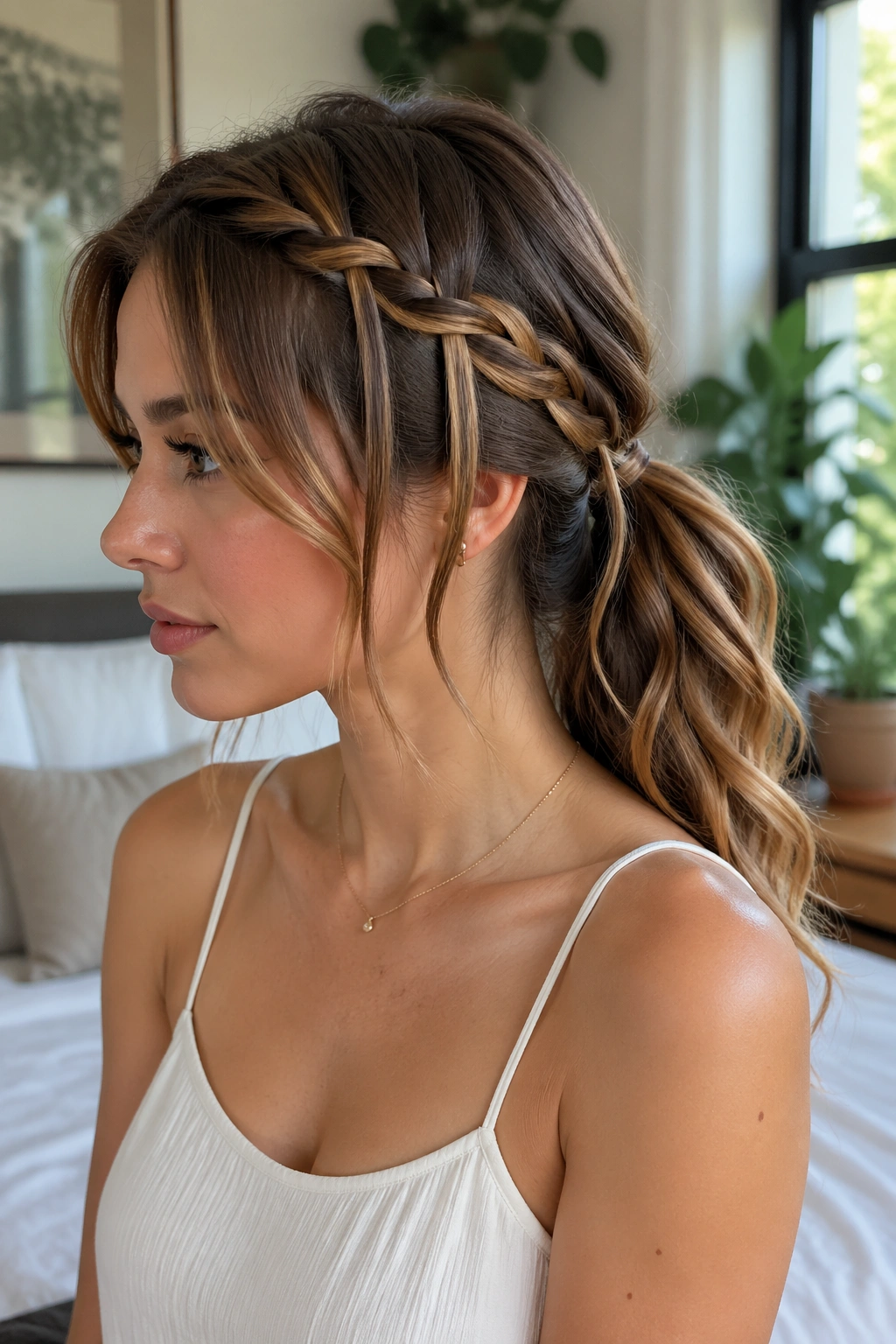 Close-up of a real woman with a waterfall braid pinned into a ponytail in a chic room.