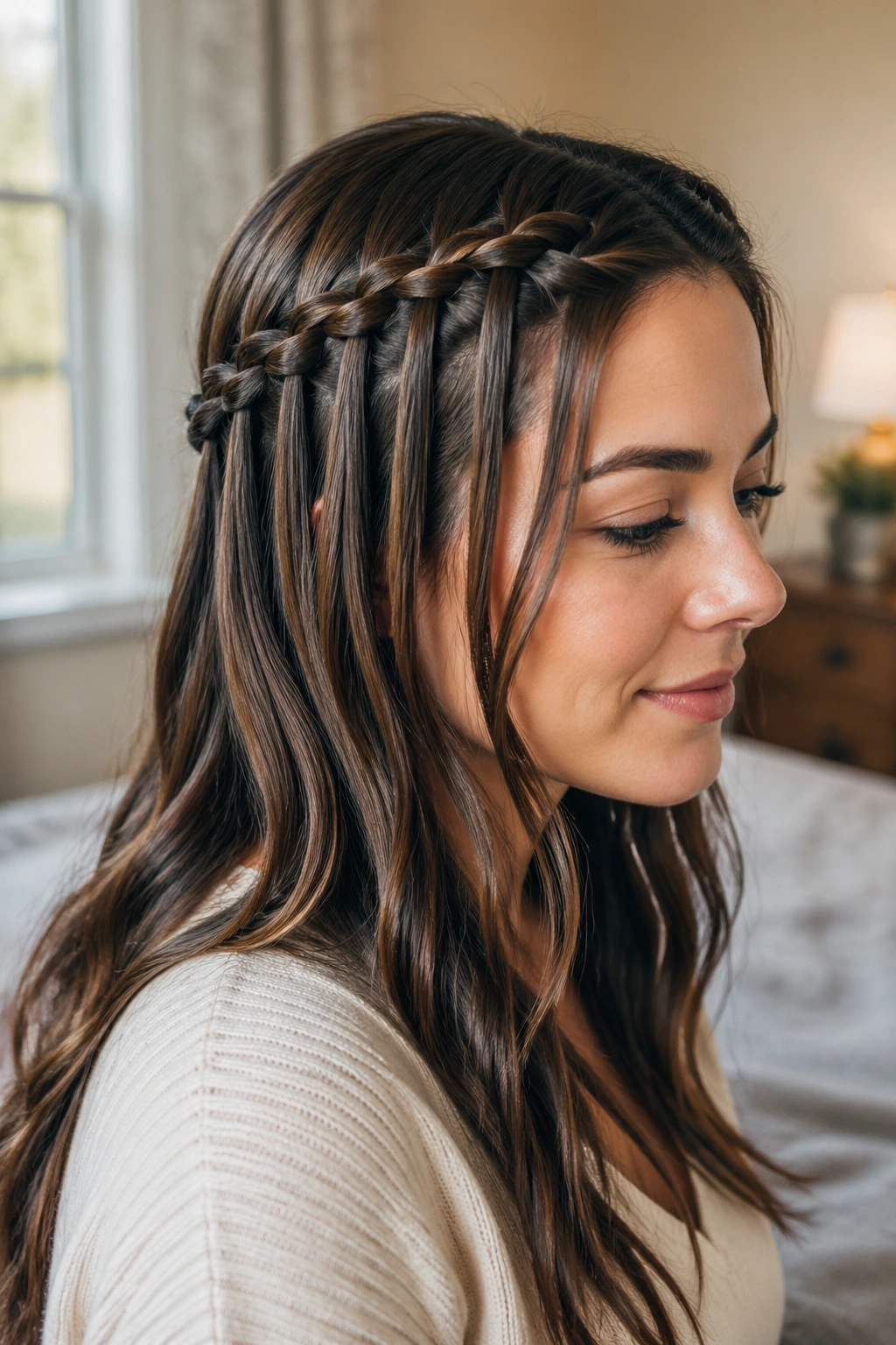 Close-up portrait of a real woman wearing a waterfall French braid at temple level with dropped strands framing the cheeks.