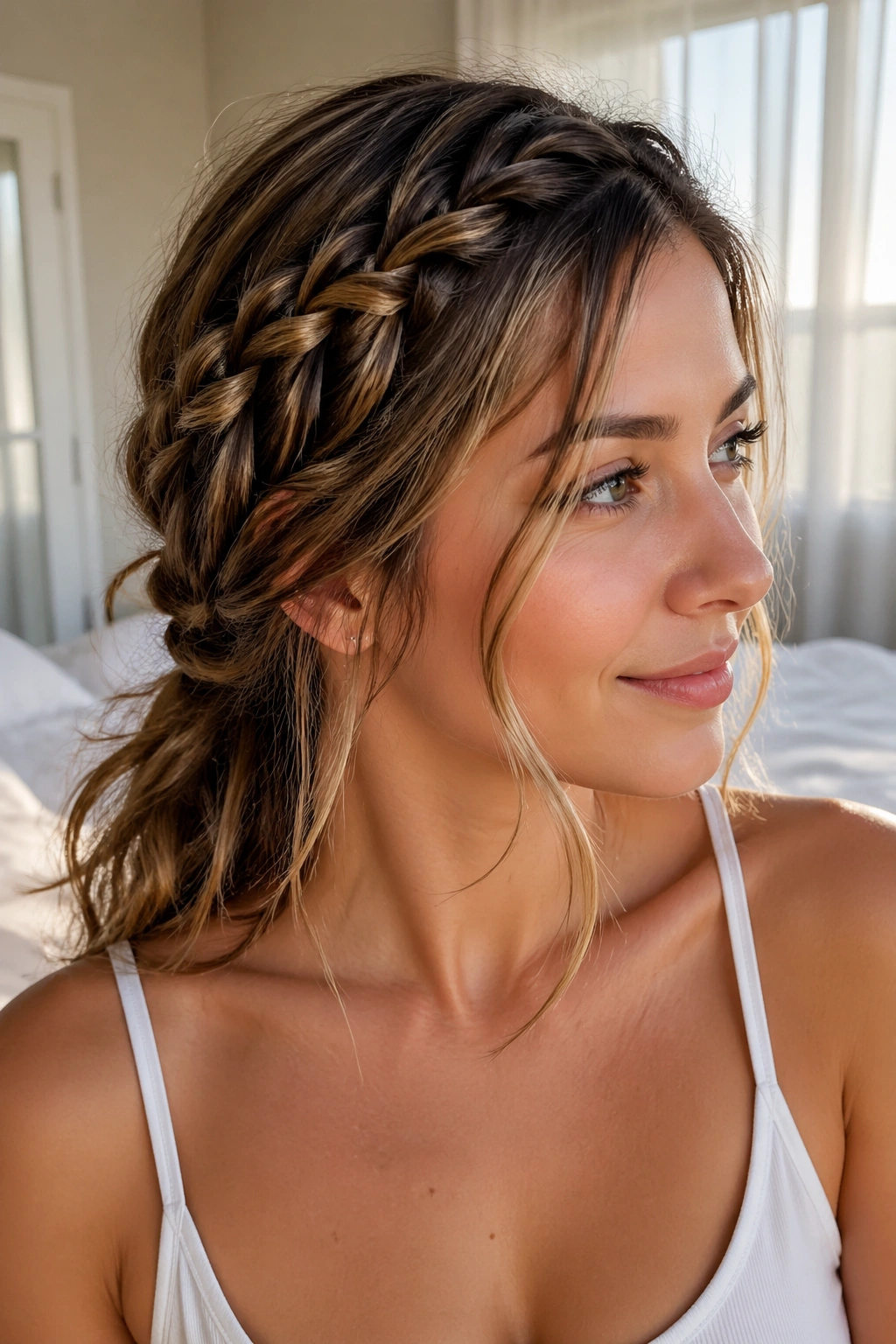 Close-up of a real woman's head displaying a side waterfall braid with loose ends near the jaw