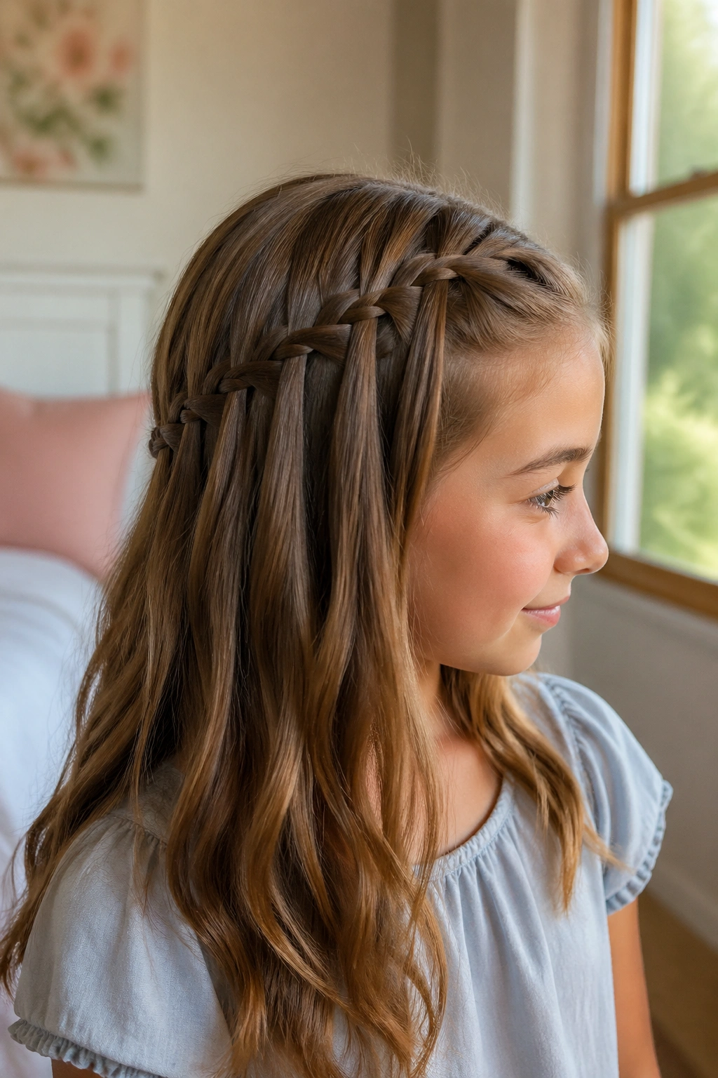 Portrait of a girl with a waterfall braid along the side