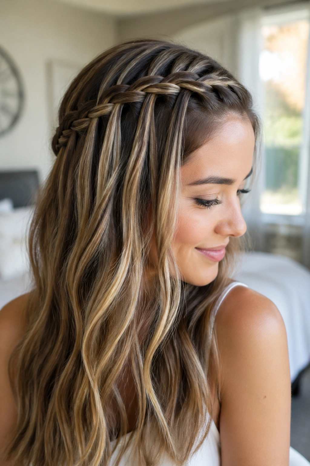 Real woman with a waterfall braid along the front hairline