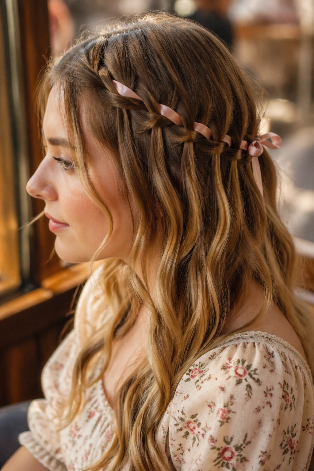Close-up of a real woman's waterfall braid with a ribbon loop