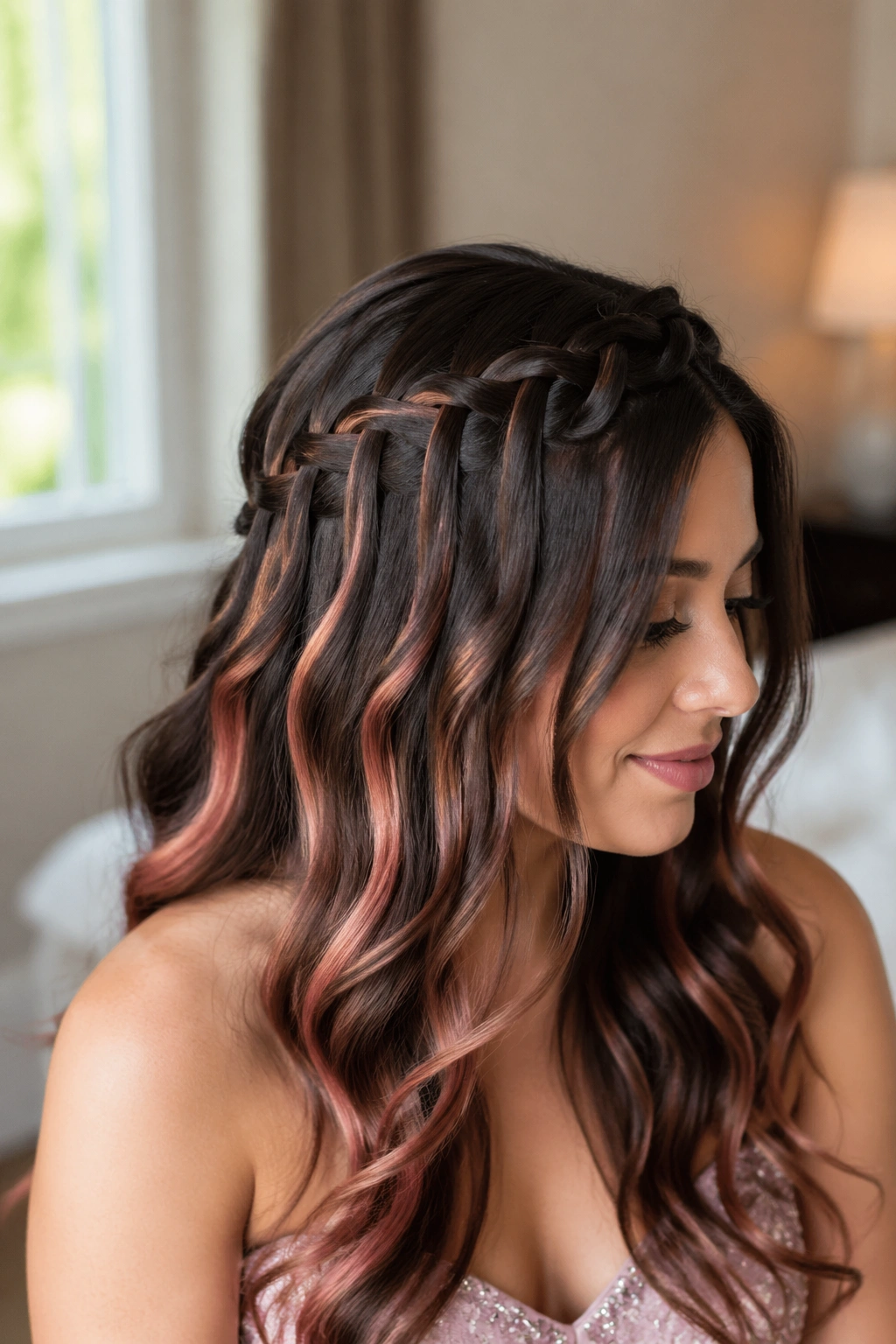 Close-up of waterfall braid with rose gold peekaboo on a real woman.