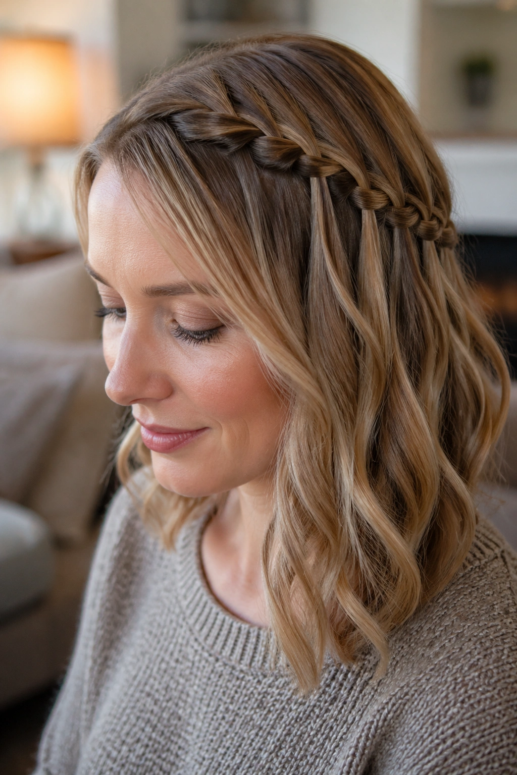 Close-up of a real woman's head with a waterfall braid along the shoulder