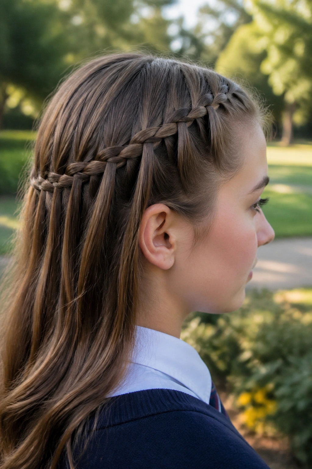 Side-profile of a real student with a compact waterfall braid outdoors