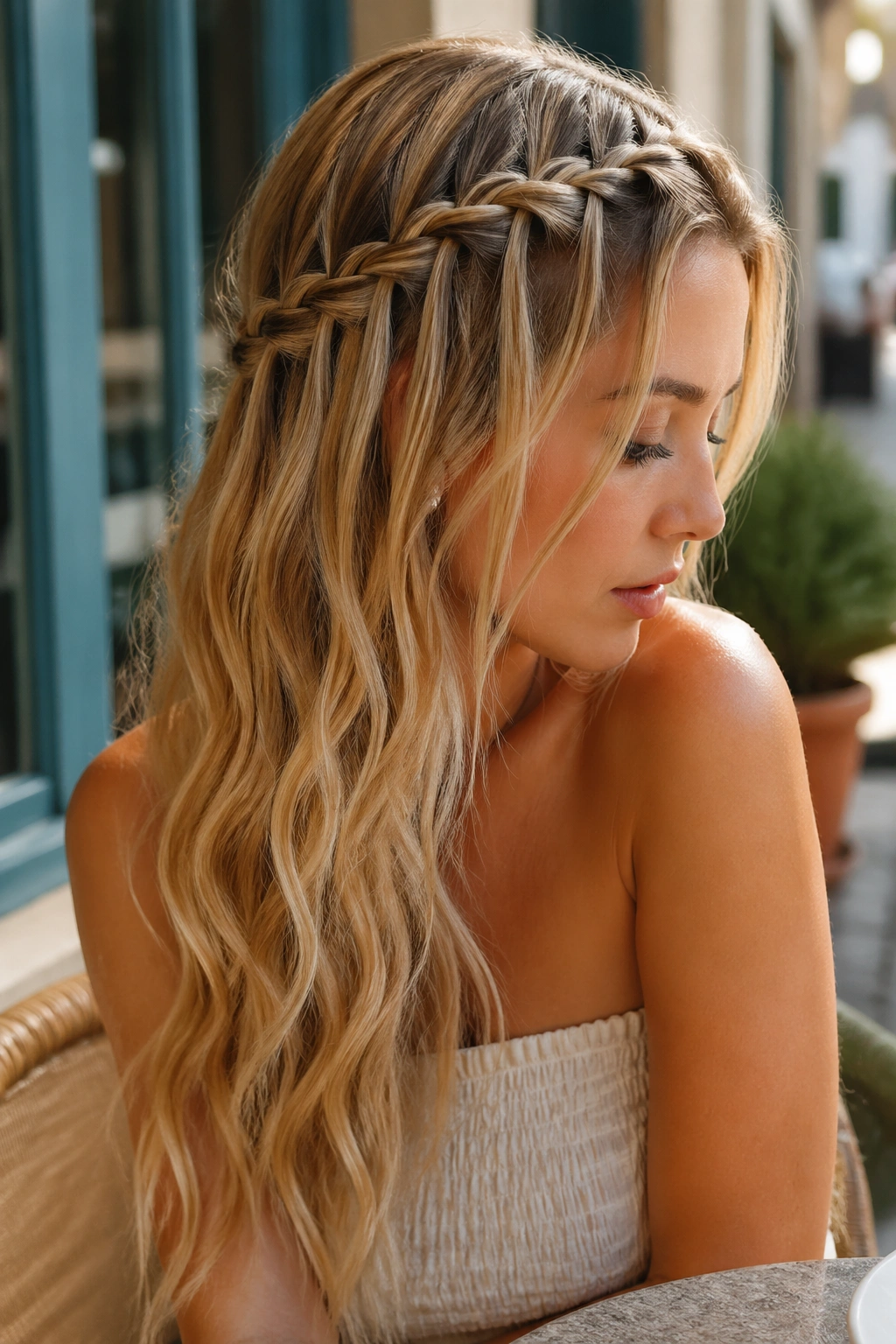 Three-quarter view of a real woman with a side-swept waterfall braid