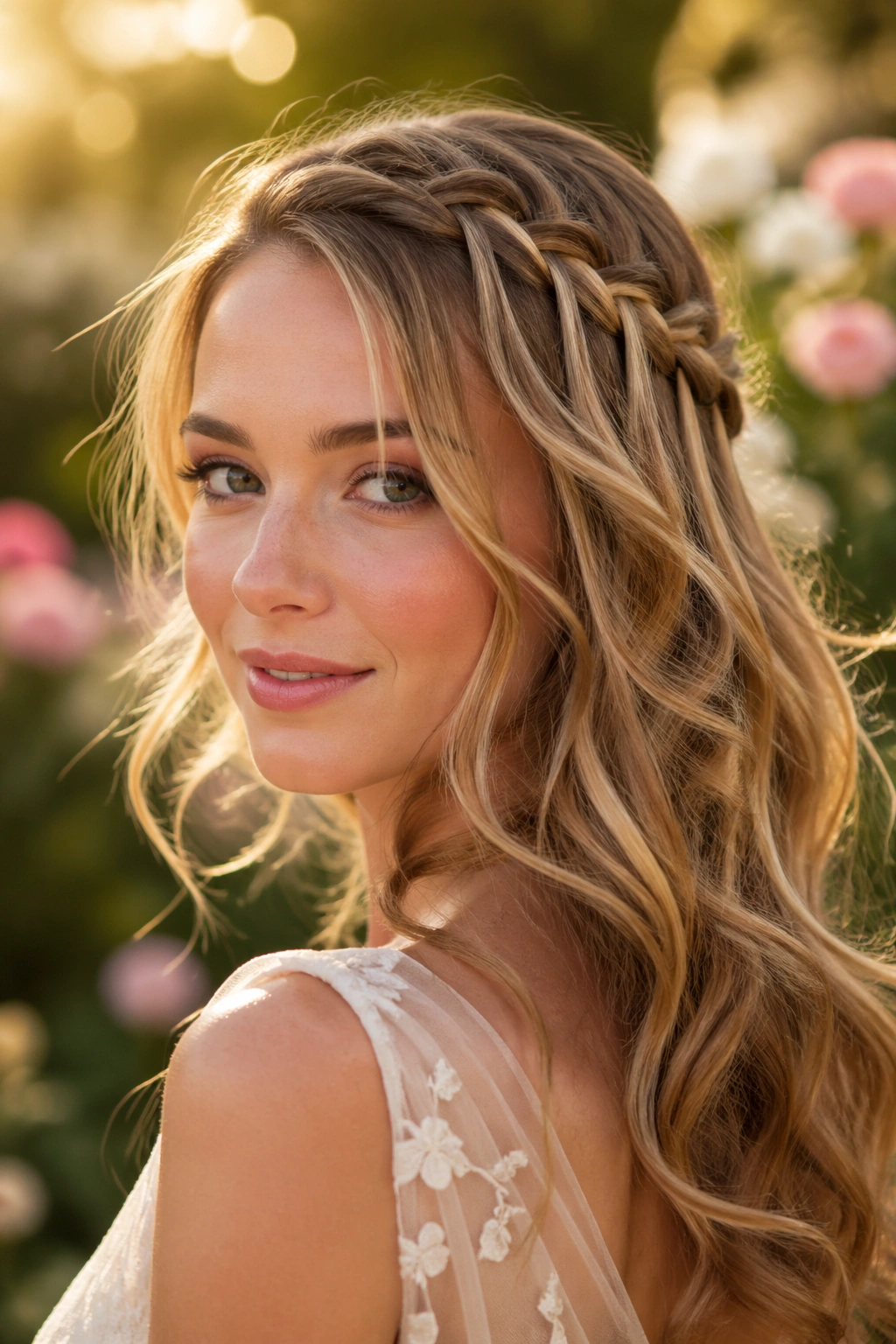 Woman with waterfall braid on soft waves in golden hour light