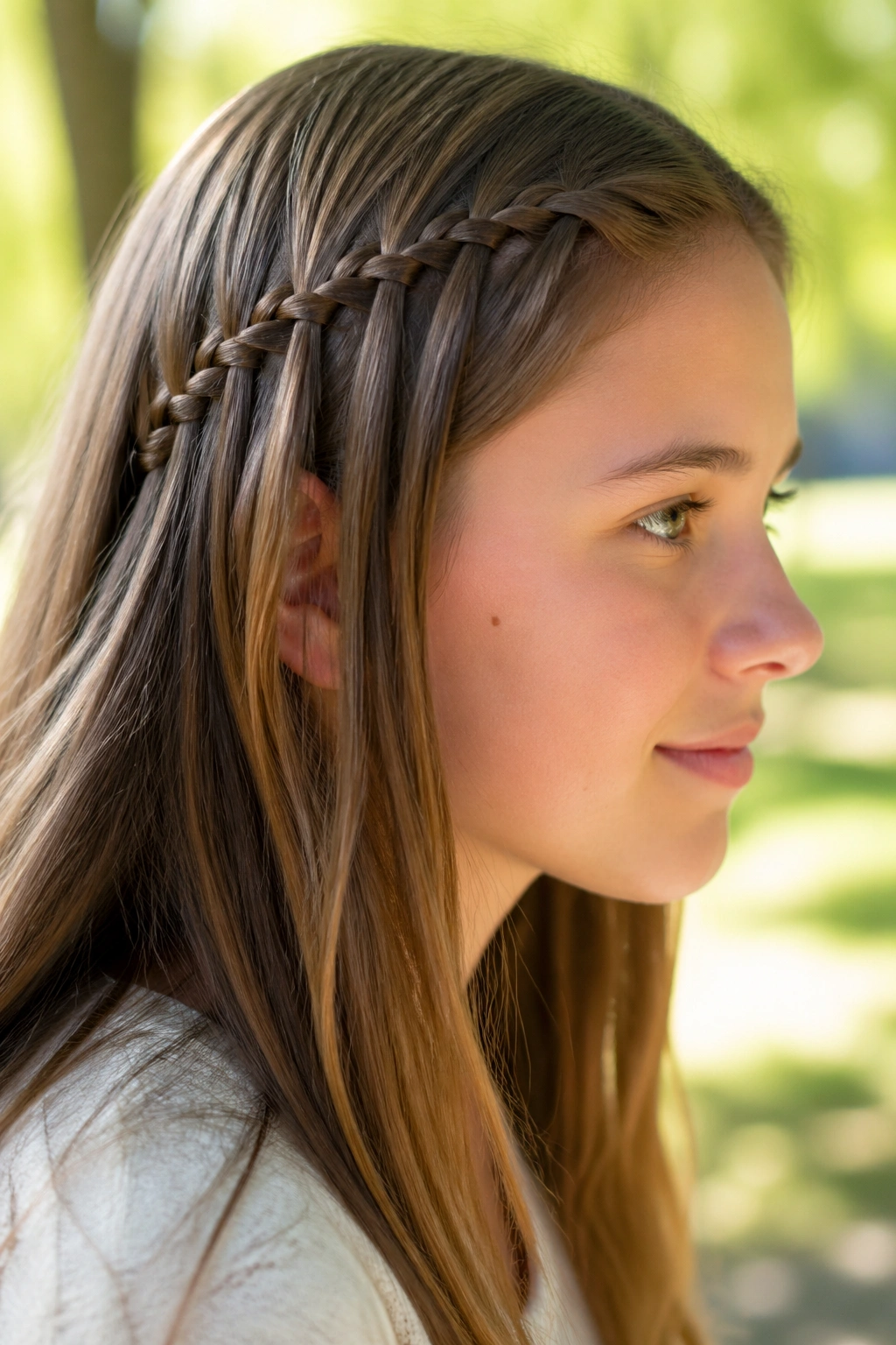 Side profile of a person with a waterfall braid at the temple