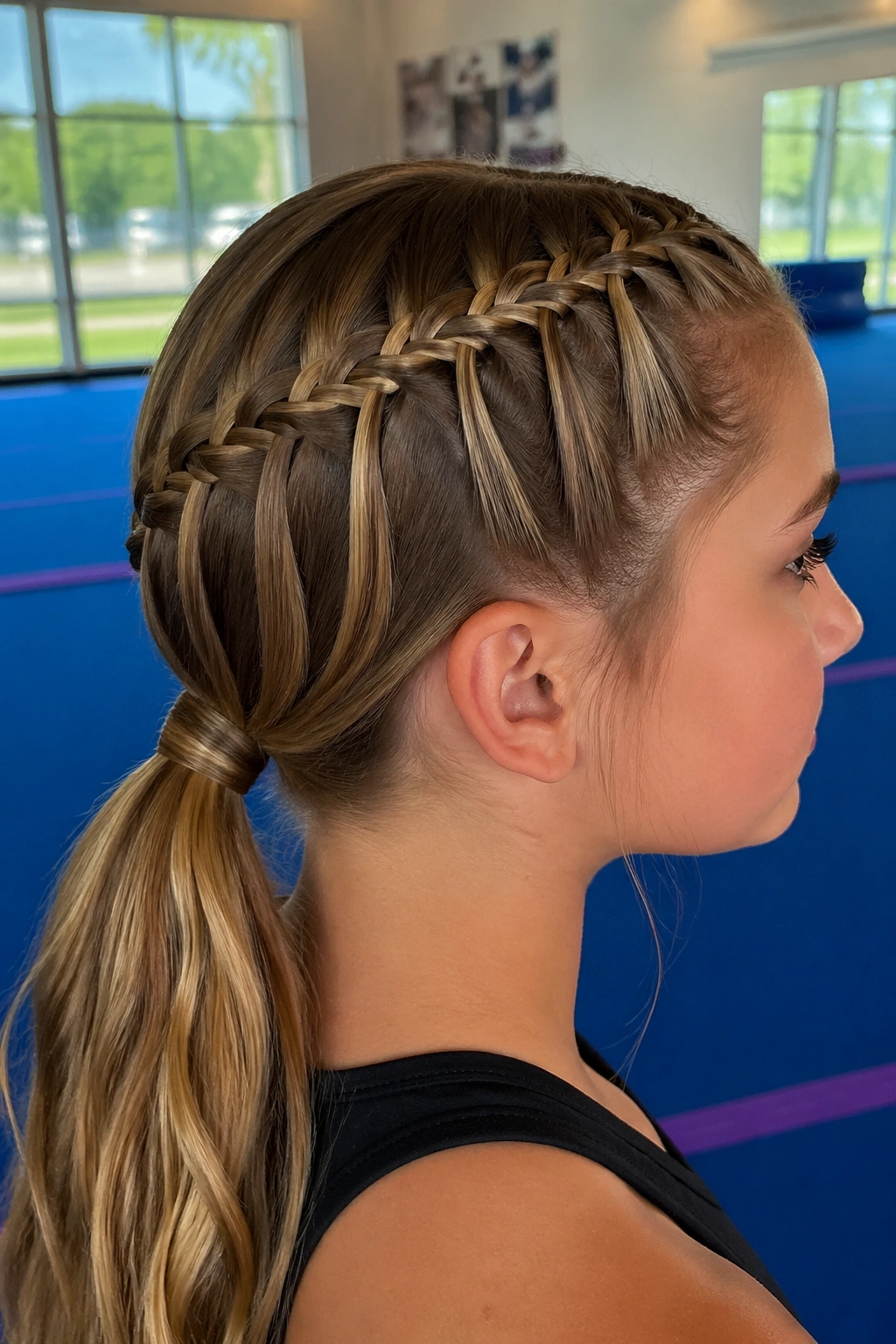 Close-up of waterfall braid with tight back anchor on a real cheerleader during practice
