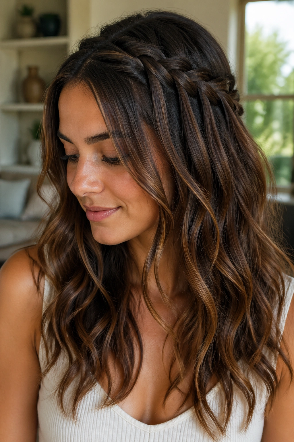 Close-up of a woman with a waterfall braid over loose waves