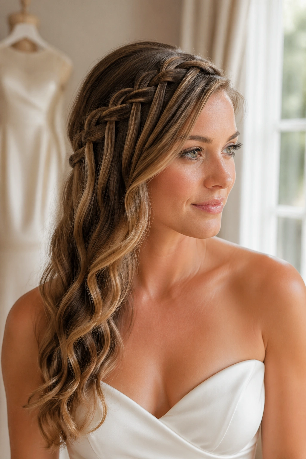 Bride with waterfall braid into soft waves; side profile