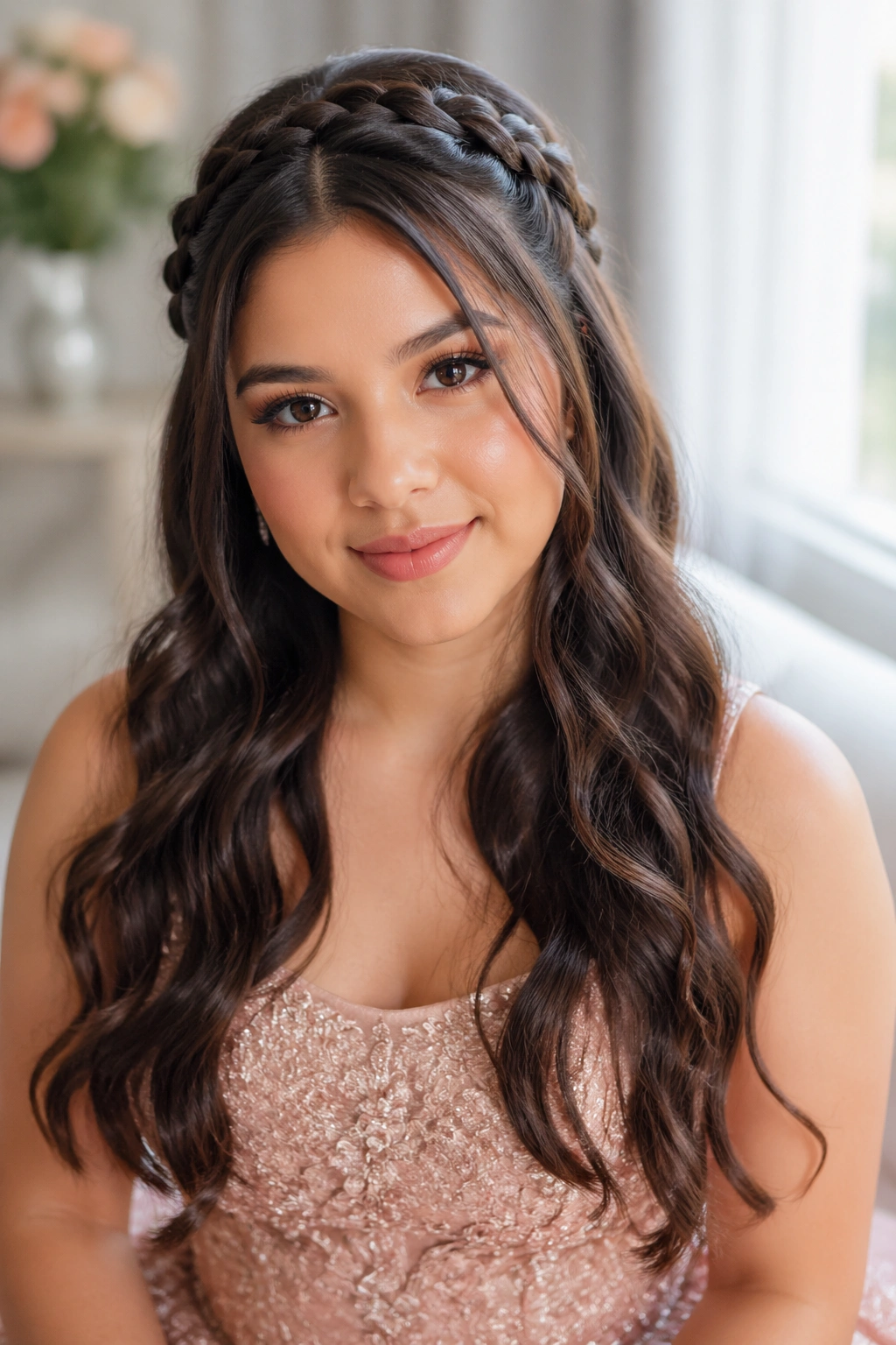 Front view of real woman's waterfall braid with loose waves