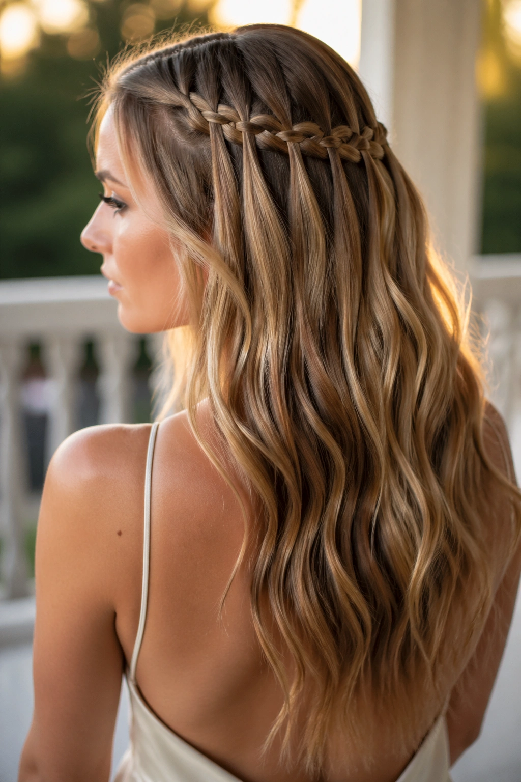 Real woman wearing a waterfall braid with soft waves in golden hour light.