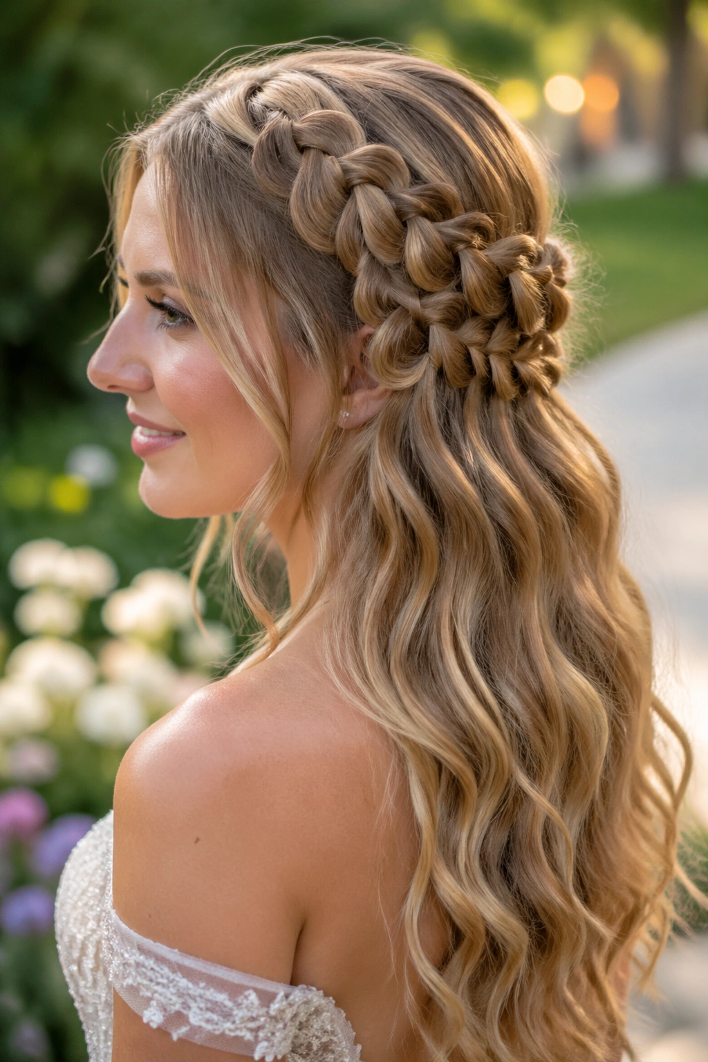 Close-up of a real bride wearing The Waterfall Bubble Braid in a garden wedding setting