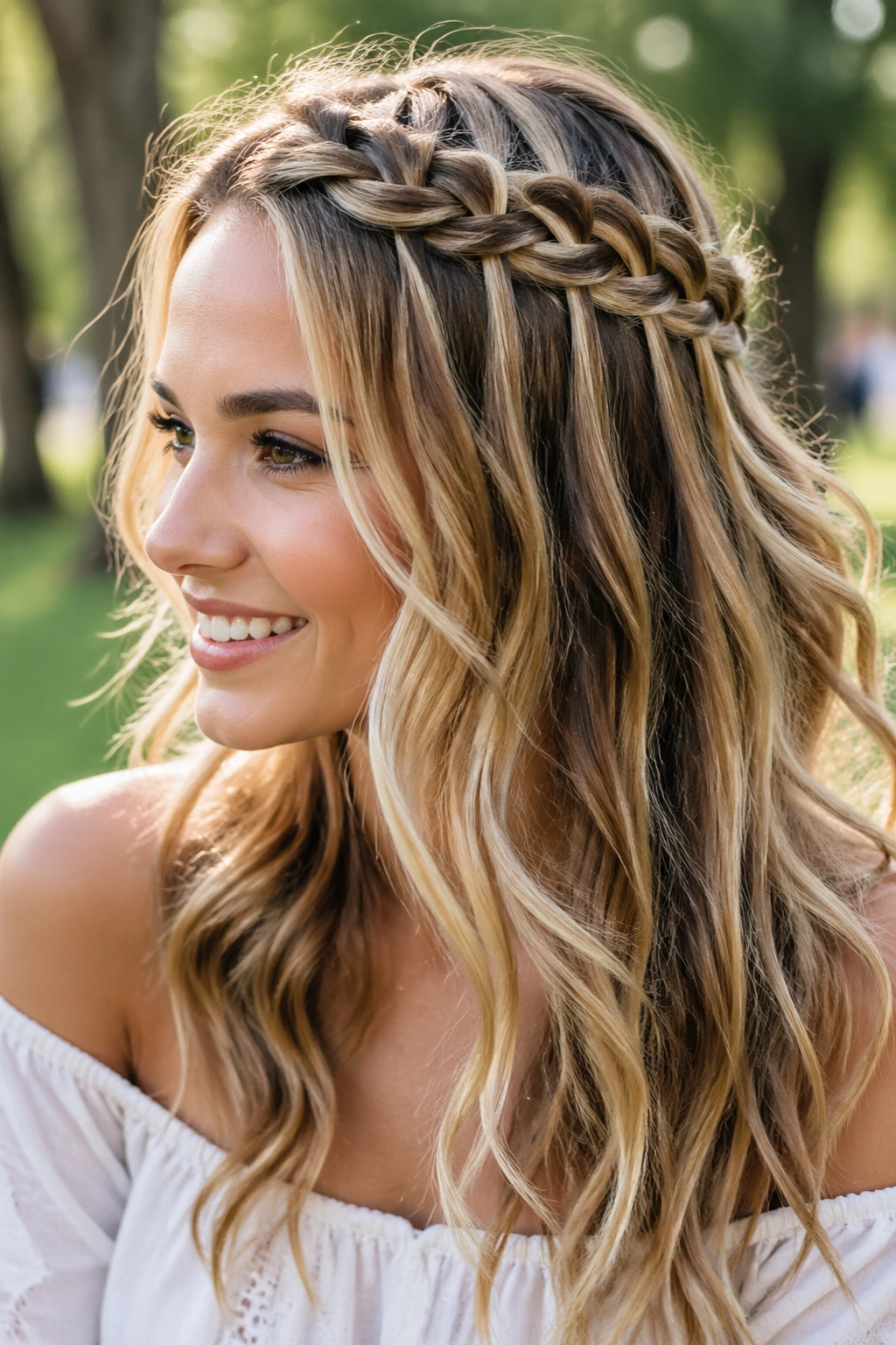 Close-up of a real woman wearing a waterfall circle braid around the crown