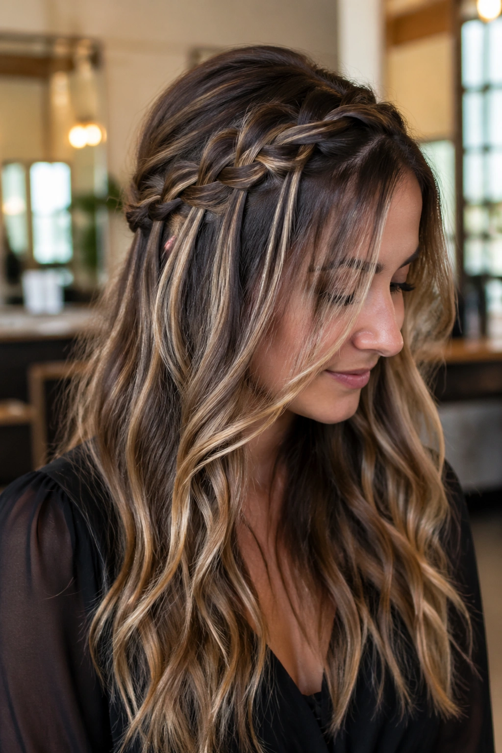 Real woman with half-up waterfall crown showing balayage ribbons along the crown