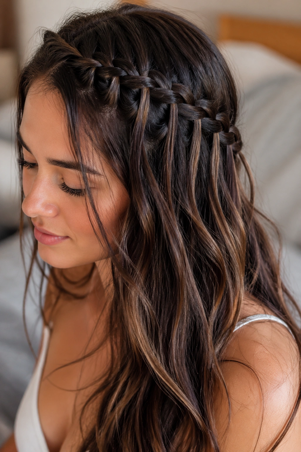 Close-up of waterfall dragon braid with falling strands on a real person