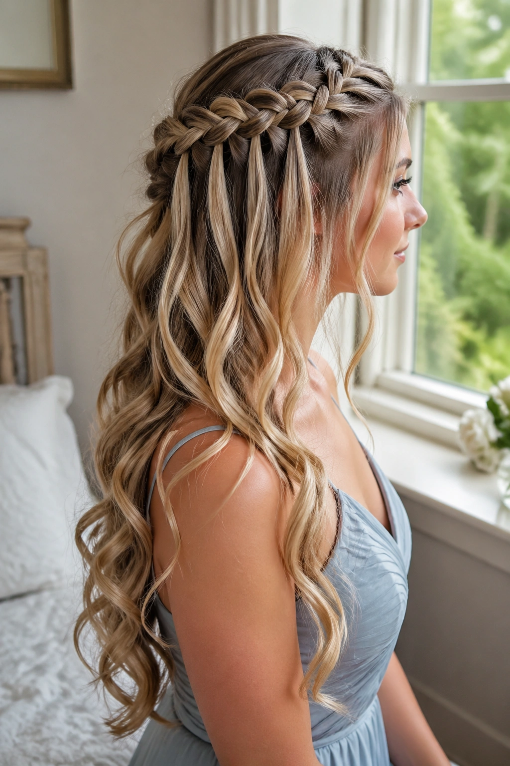 Profile view of a real woman with a waterfall dragon braid and cascading loose strands